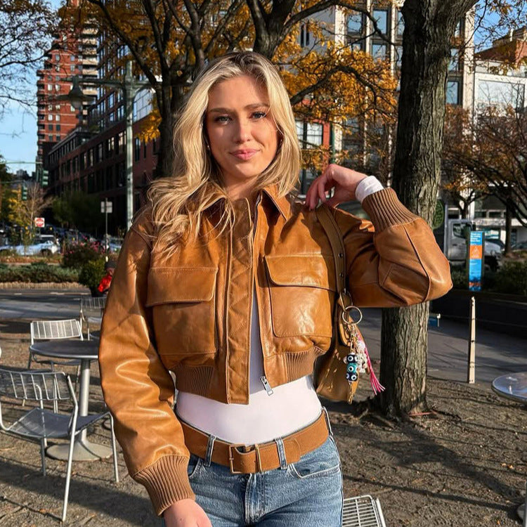 Women's Short Leather-Look Blouson Jacket with Large Flap Pockets and Ribbed Cuff Amarae
