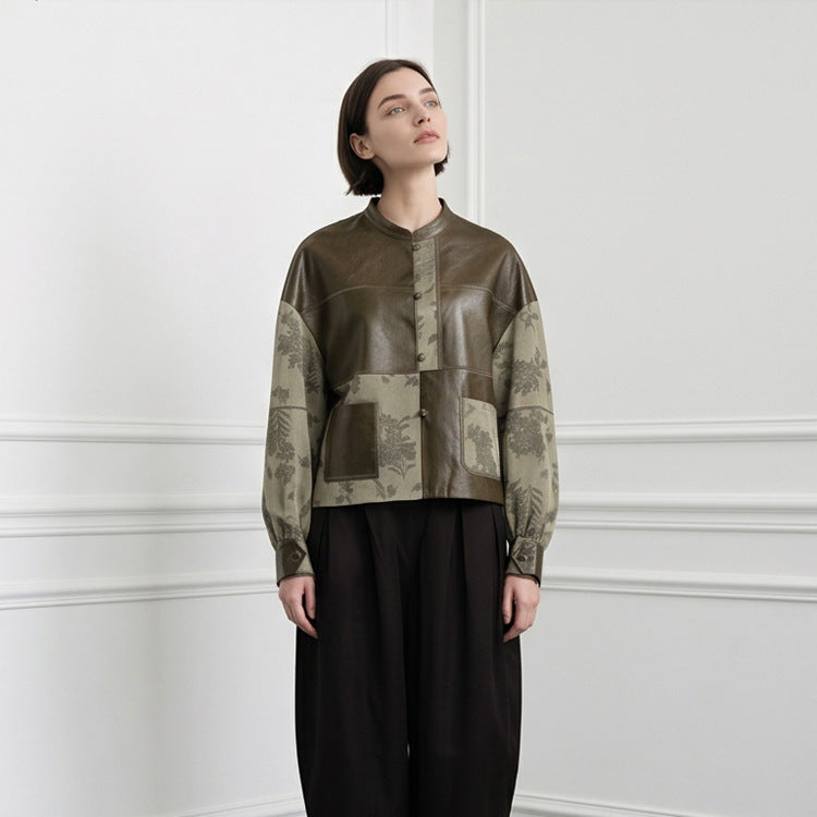 Women's short jacket in leather look and jacquard with stand-up collar Amarae