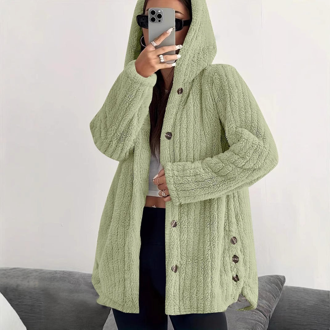 Lady long cozy jacket with long sleeves, hood, and button trim Lune London