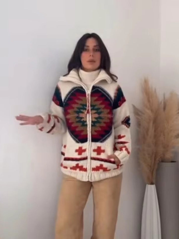 Women's Jacquard Cardigan with Navajo Pattern, Zipper and High Collar Amarae