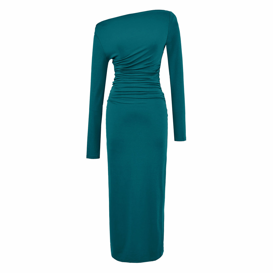 Women One-Shoulder Midi Dress with Long Sleeve and Side Gathering Amarae