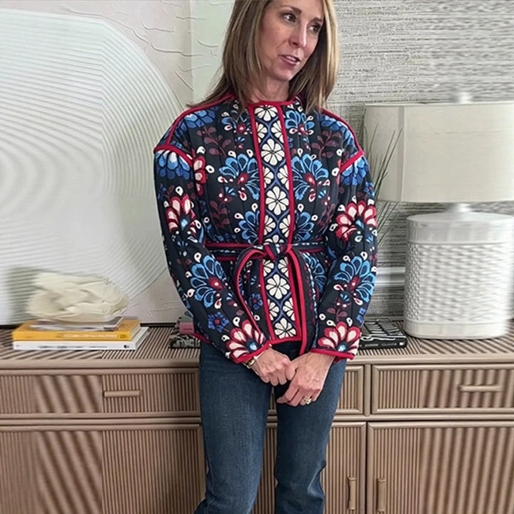 Women's Tailored Quilted Jacquard Cotton Jacket with Folk Floral Pattern & Tie Belt Amarae