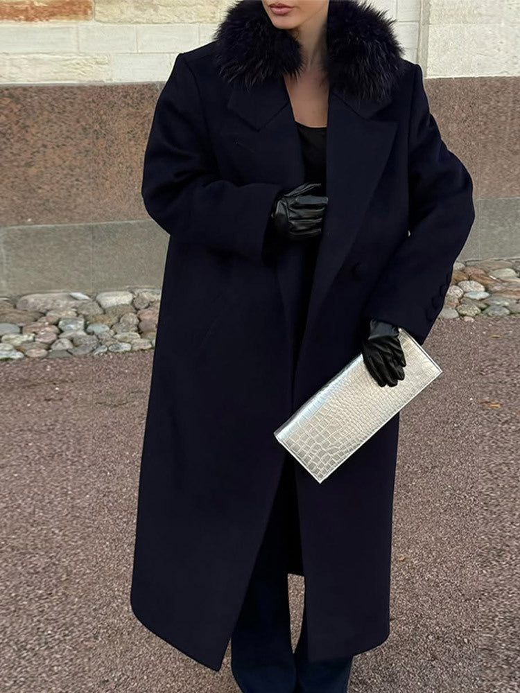 Women's long wool blend coat with generous faux fur shawl collar and oversized cut Amarae