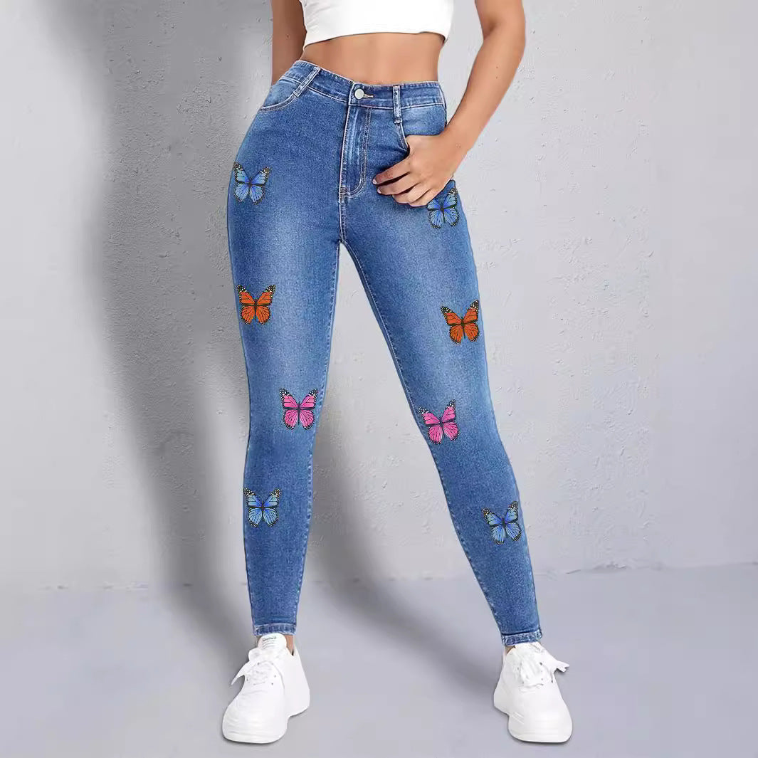 Women slim-fit high-waist jeans leggings with colorful butterfly print Amarae
