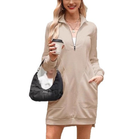 Casual dress for women with high collar and side pockets with opening.