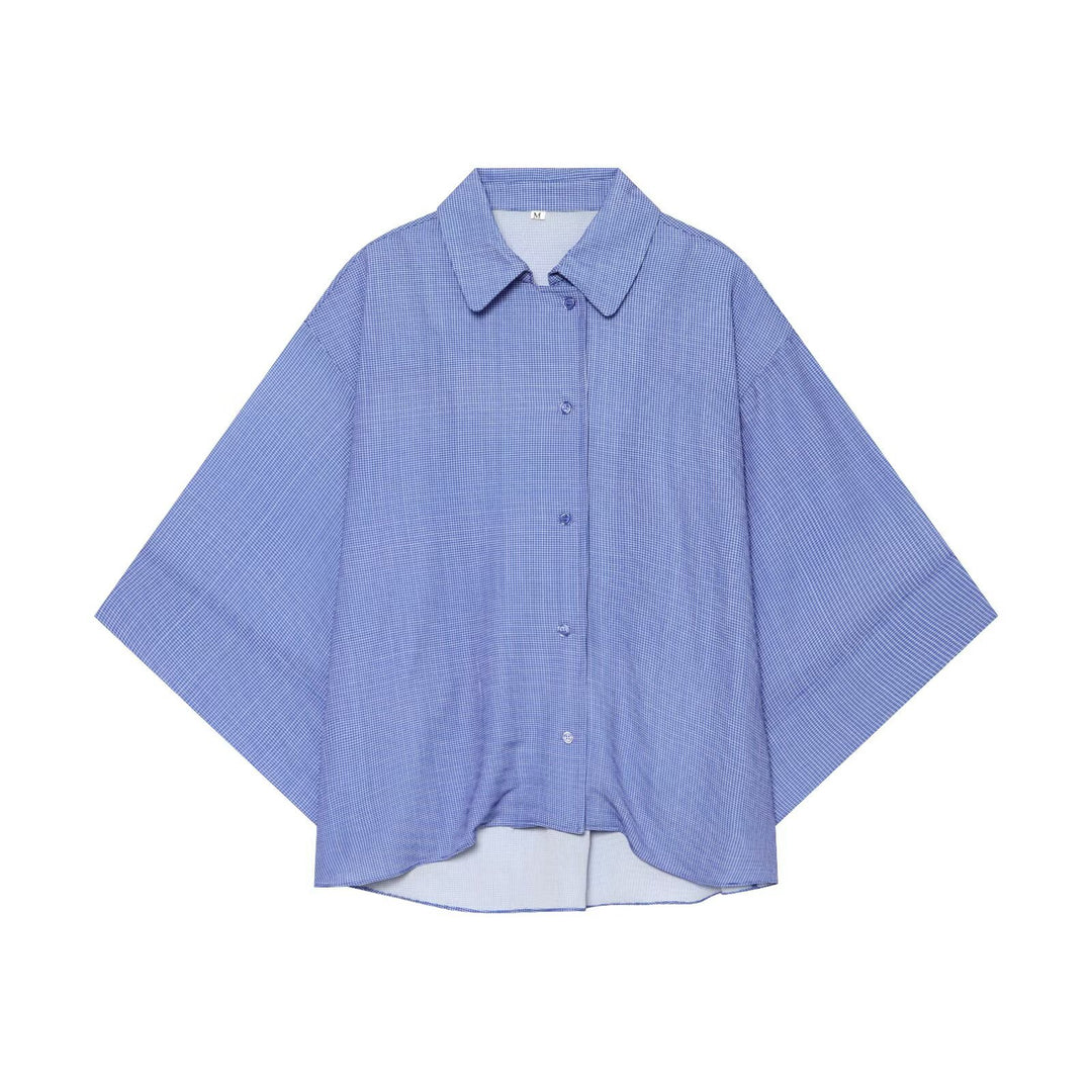 Women's oversized shirt blouse with waffle texture, boxy silhouette, and high-low hem