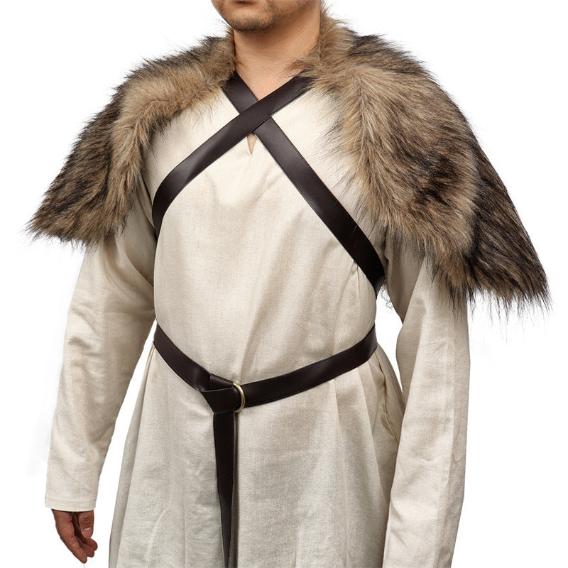 Men's Viking-inspired shoulder cape made of soft faux fur with adjustable leather straps Amarae