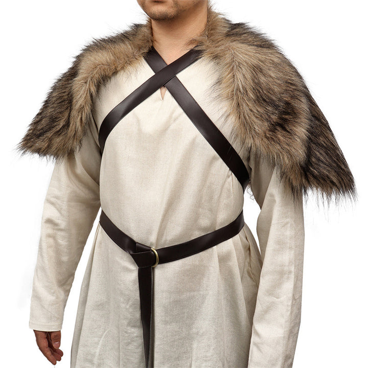 Men's Viking-inspired shoulder cape made of soft faux fur with adjustable leather straps Amarae