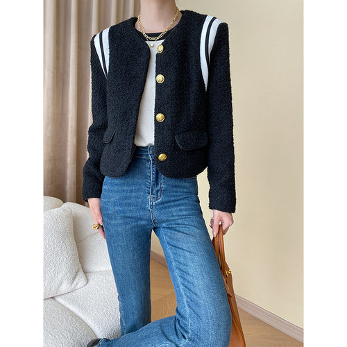 Women's Boucle Jacket with Golden Buttons and Stripes Chic & Stil
