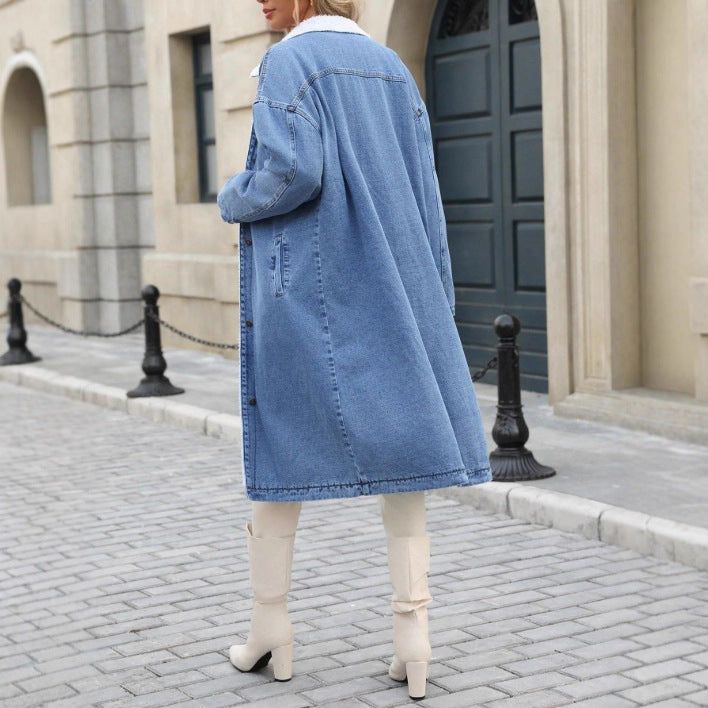 Ladies Longline Denim Coat with Teddy Collar Amarae