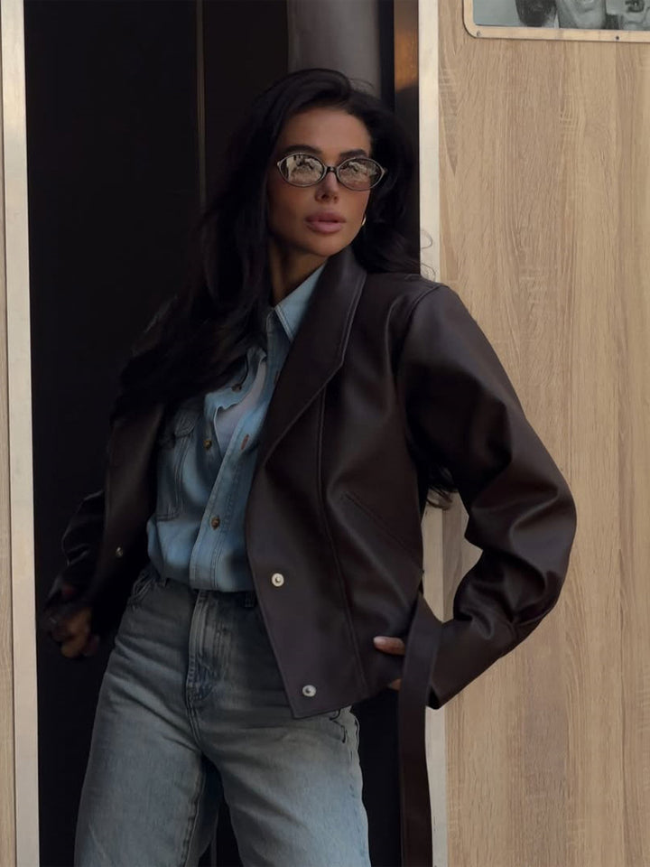 Women’s short blazer made of vegan leather with waist belt Amarae