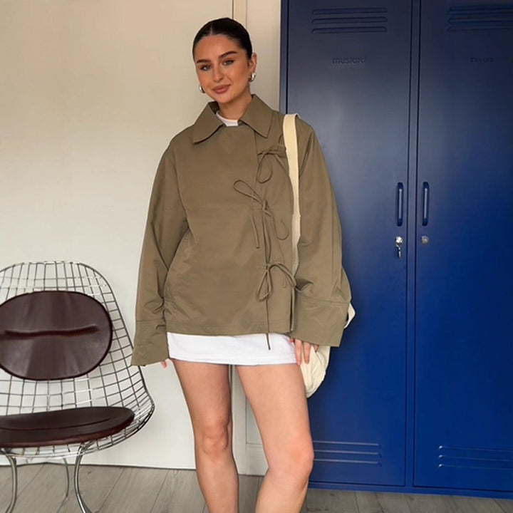Women's Oversized Shirt Jacket with Decorative Knot Closures and Shirt Collar Amarae
