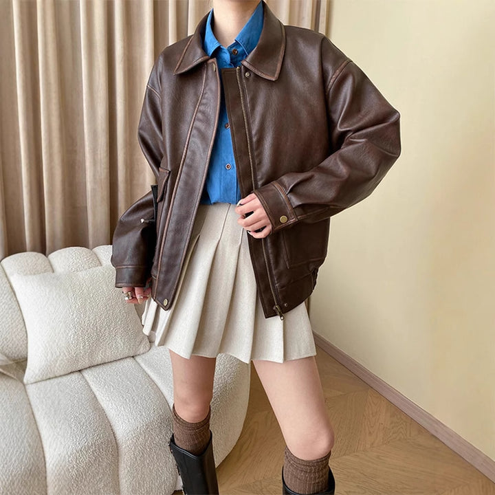 Women's Oversized Faux Leather Bomber Jacket with Shirt Collar, Zipper and Snap Button Cuffs Amarae