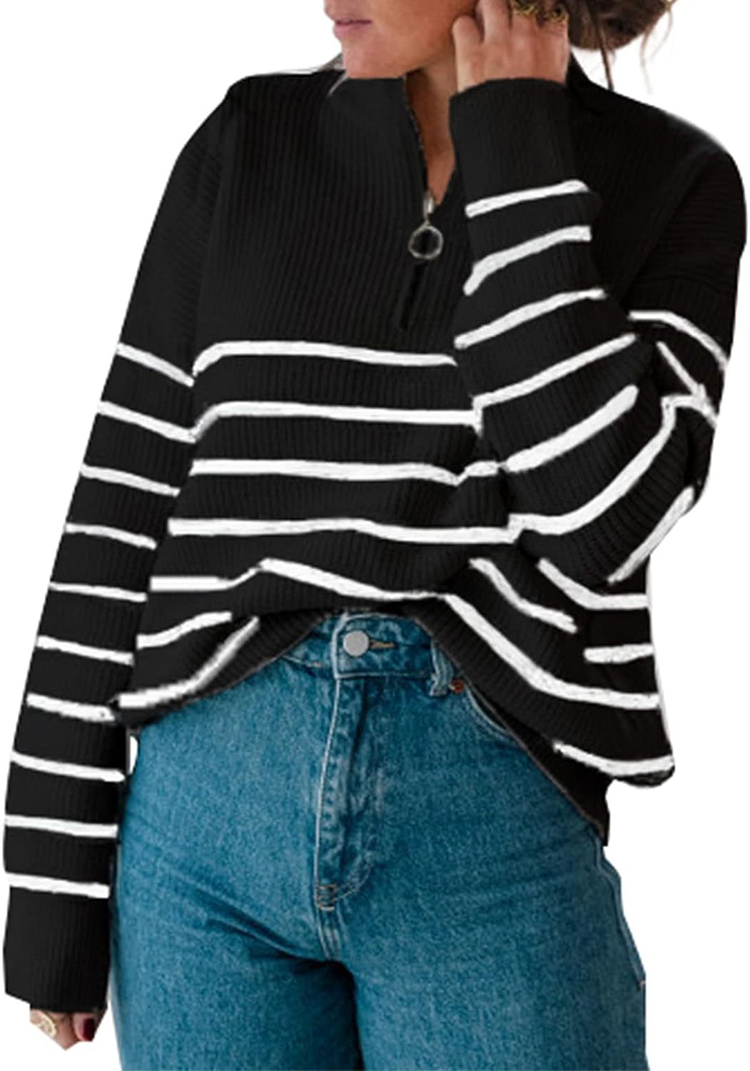 Striped women's sweater with half-zipper Lune London