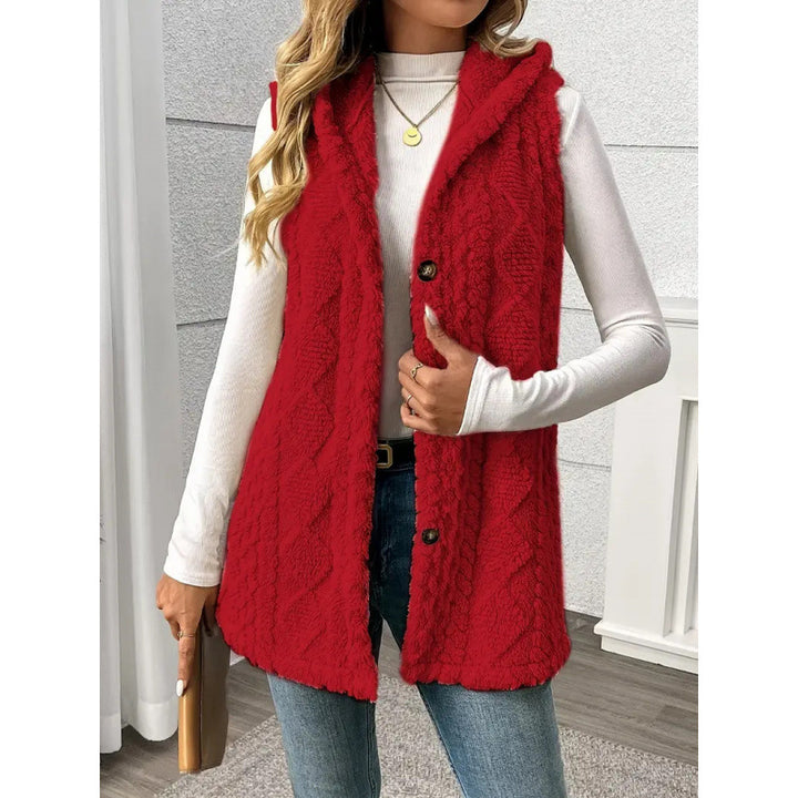 Women's Hooded Teddy Vest with Structured Cable Knit Pattern and Decorative Button Placket Amarae