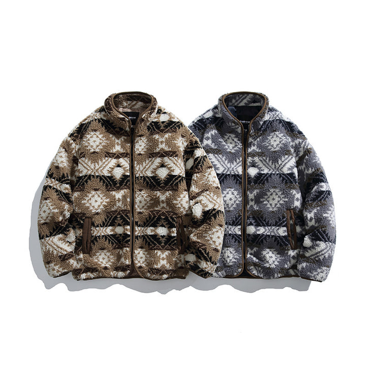 Unisex teddy fleece jacket in tribal pattern with stand-up collar and continuous zipper Amarae