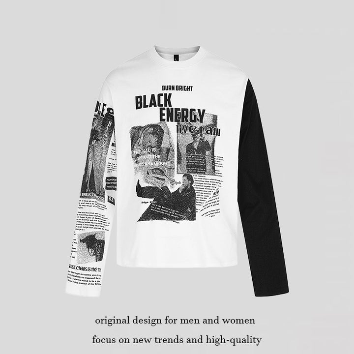 Men's Long Sleeve Shirt with Asymmetrical Contrast Sleeves and Photo Collage Print Amarae