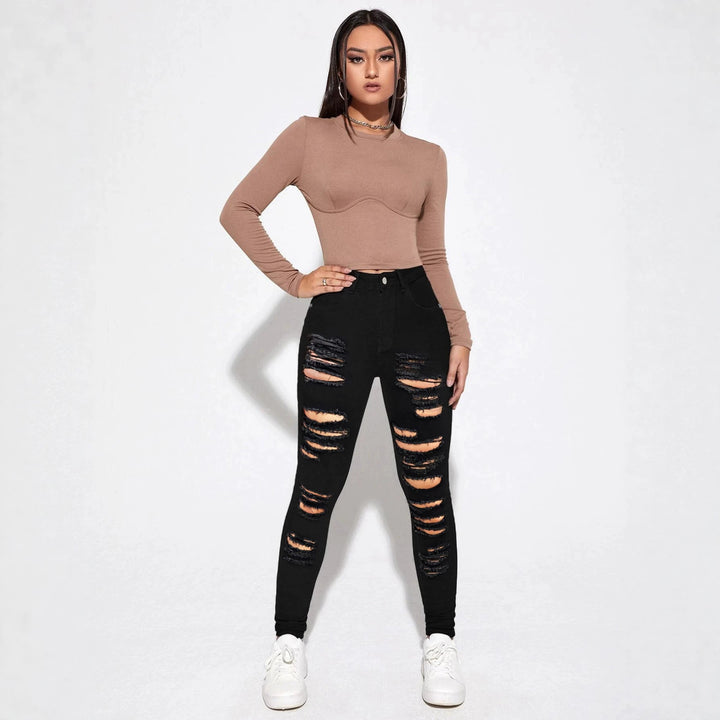 Women's high-waisted super stretch jeans in skinny fit with pronounced destroy rips Amarae