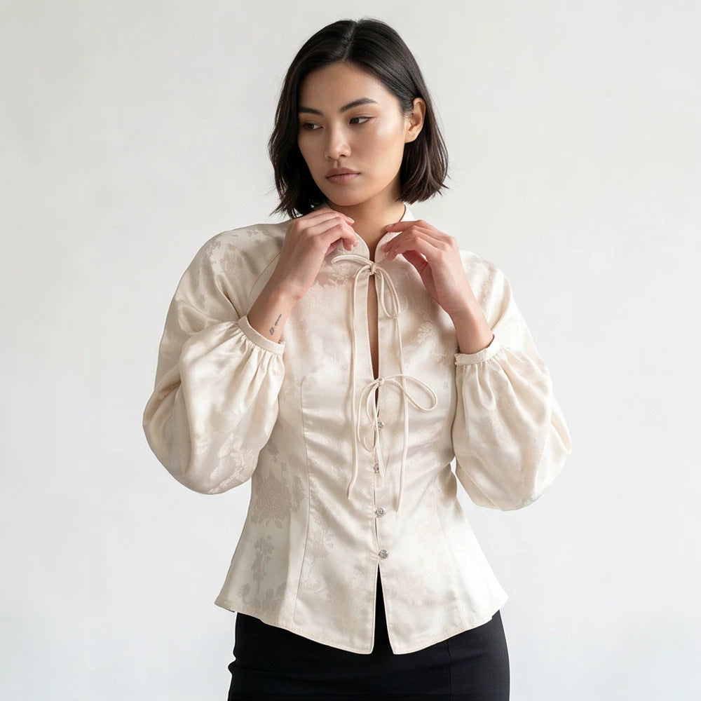 Women Jacquard Satin Blouse with Stand-up Collar, Ties and Fitted Peplum Amarae