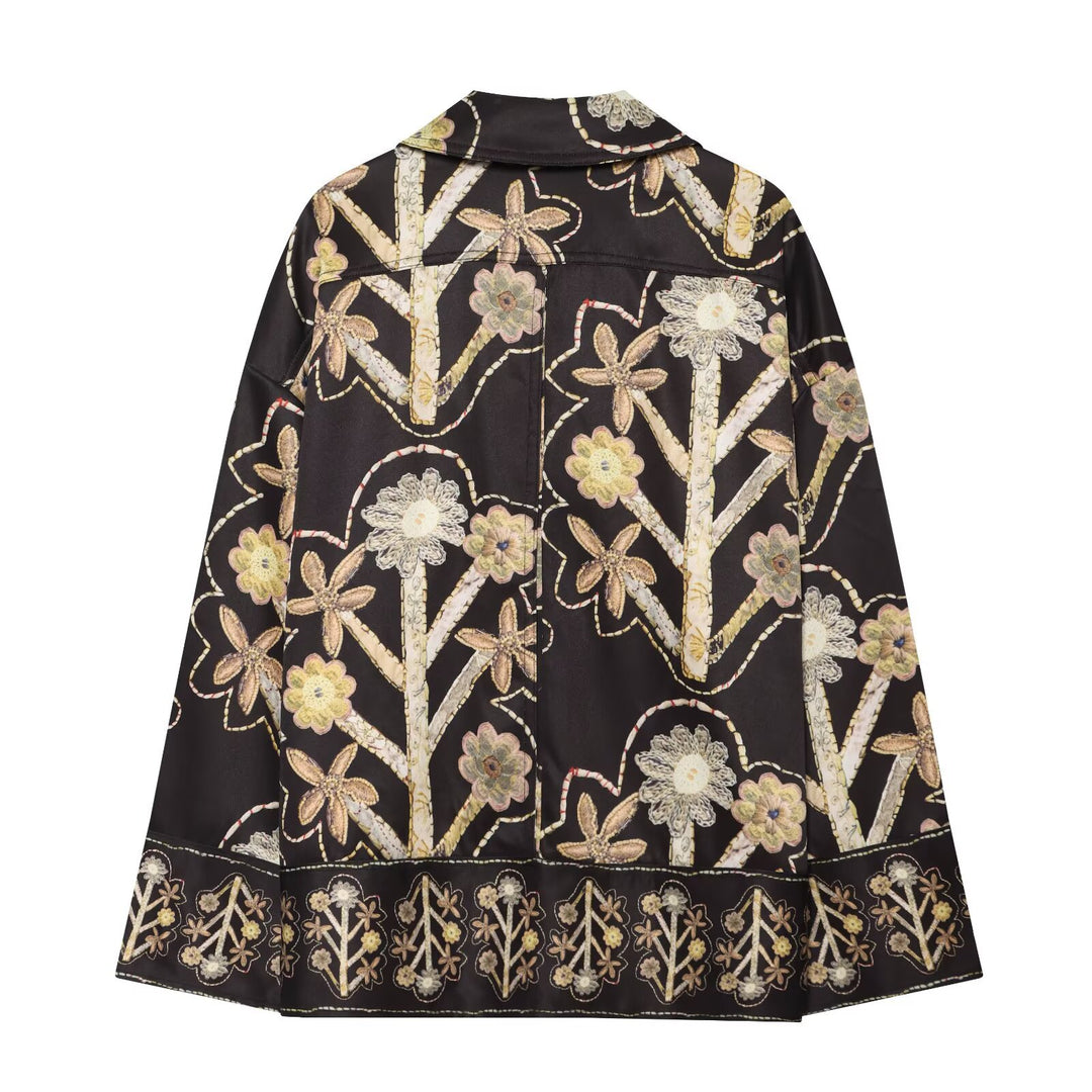 Women's Wide Satin Palazzo Pants with Floral Embroidery Motif and Drawstring
