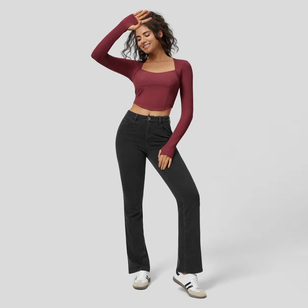 Top court à manches longues ajusté pour femmes avec encolure carrée et tissu en fine rib Chic & Stil
