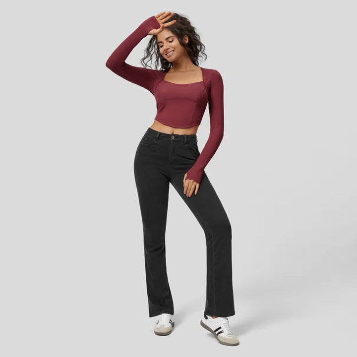 Top court à manches longues ajusté pour femmes avec encolure carrée et tissu en fine rib Chic & Stil