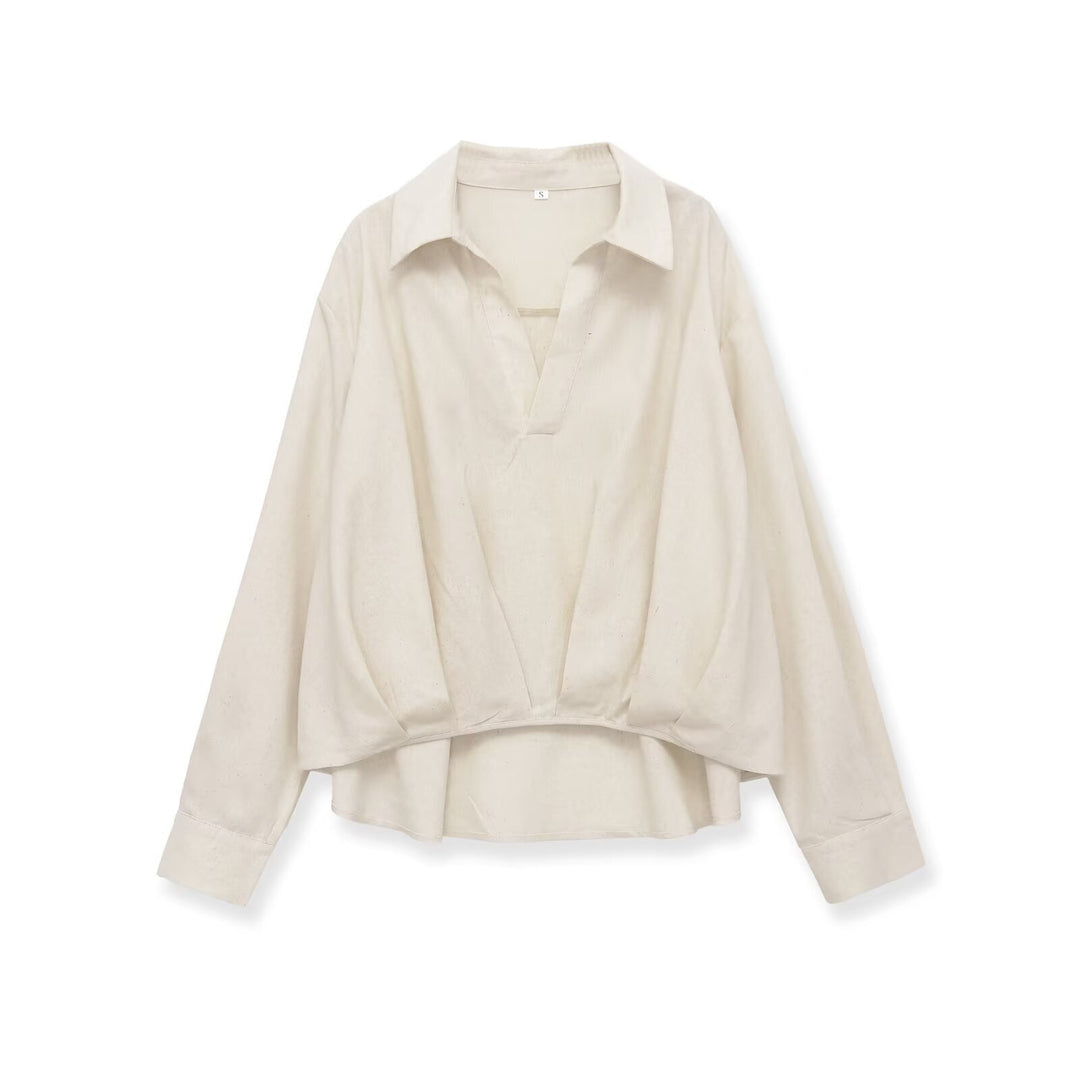 Women's Oversized Linen Blouse with Open V-Neck and Gathered Hem Amarae