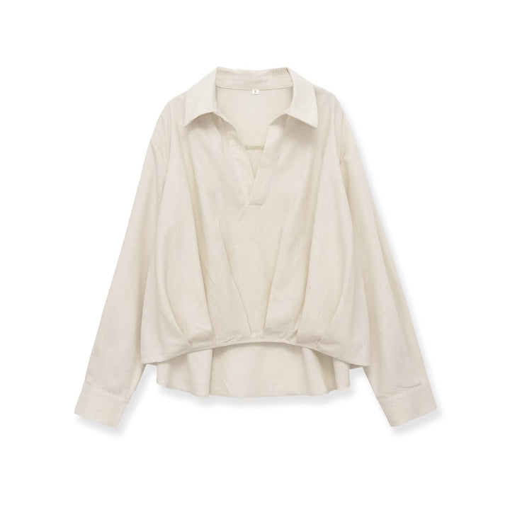 Women's Oversized Linen Blouse with Open V-Neck and Gathered Hem Amarae
