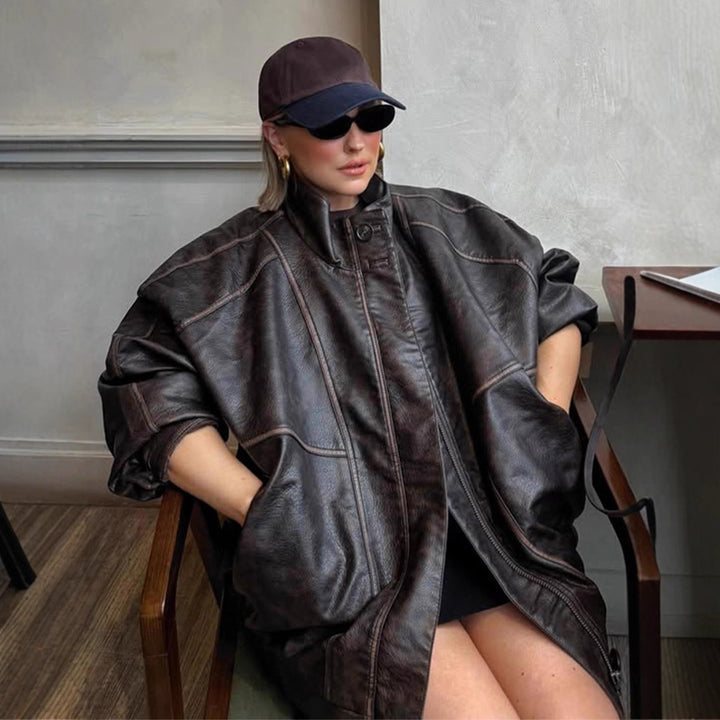 Women Oversize Faux Leather Coat with Distinct Decorative Seams and Stand-Up Collar Amarae