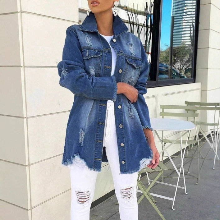 Women's Oversized Denim Jacket with Destroyed Details, Fringed Hem and Concealed Button Placket Amarae