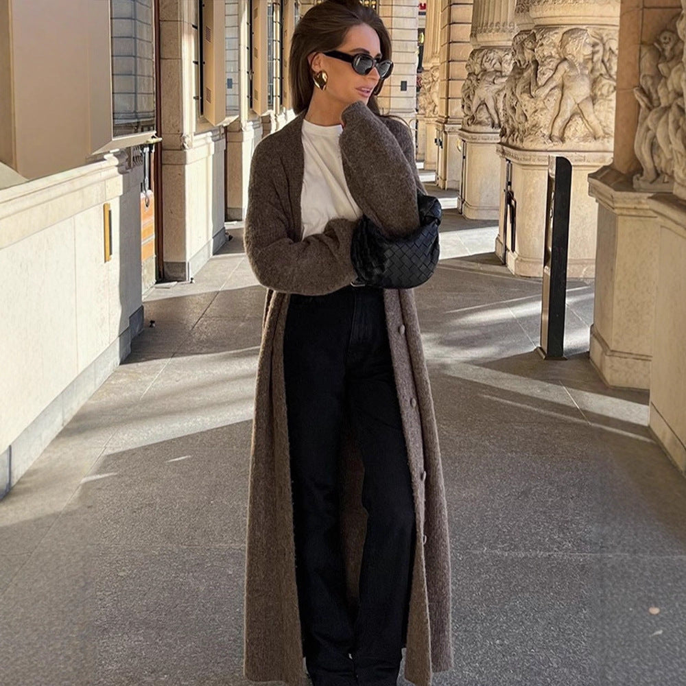 Women Maxi Long Knit Coat in Mohair Look with Concealed Button Placket and Loose Silhouette Amarae