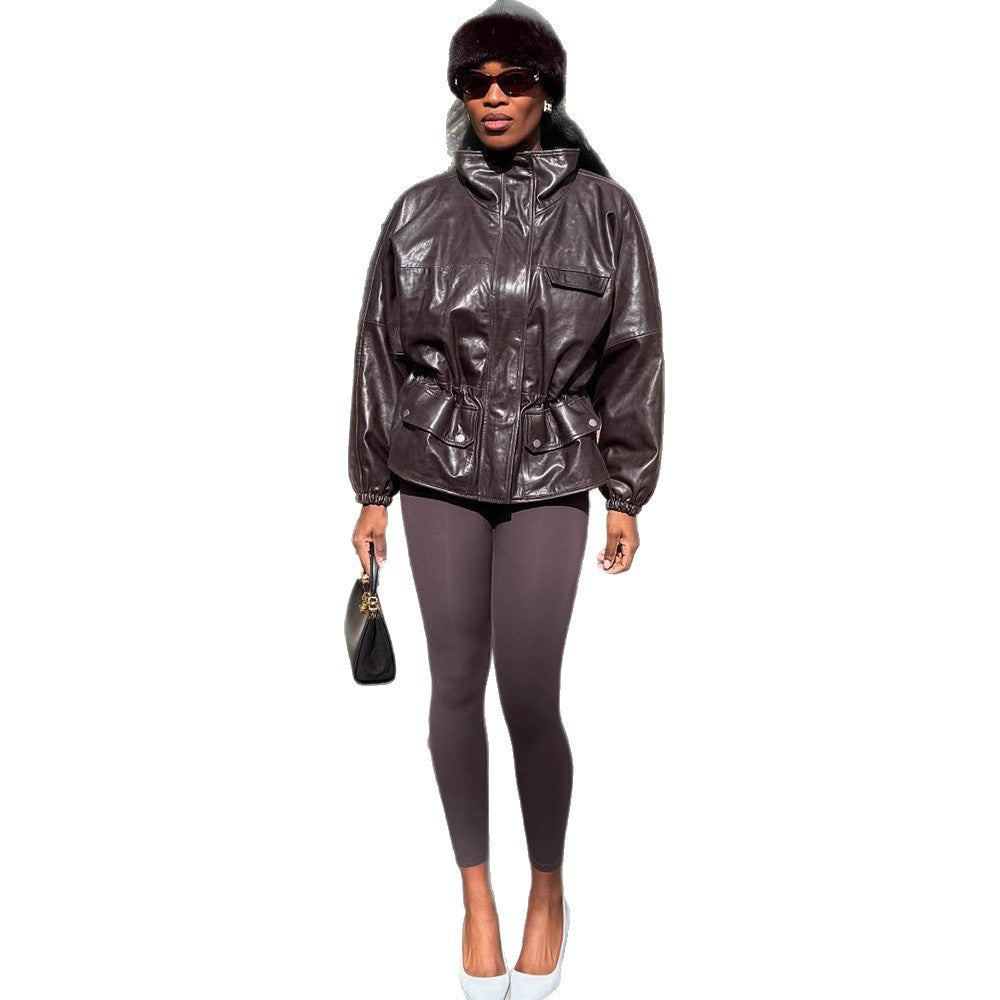 Women's Oversize Faux Leather Blouson with High Stand Collar and Waist Drawstring Amarae