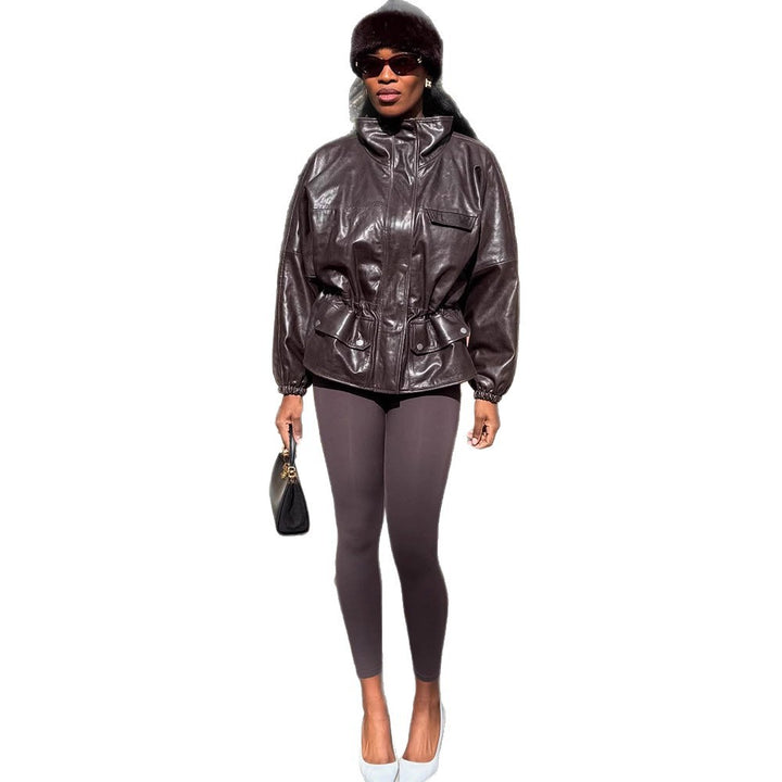 Women's Oversize Faux Leather Blouson with High Stand Collar and Waist Drawstring Amarae