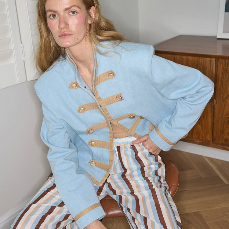 Women's Striped Lightweight Loungewear Set in Viscose with Cropped Shirt & Wide Cord Pants Amarae