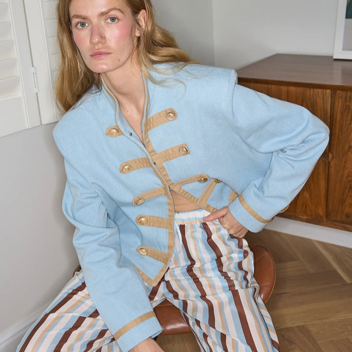 Women's Striped Lightweight Loungewear Set in Viscose with Cropped Shirt & Wide Cord Pants Amarae