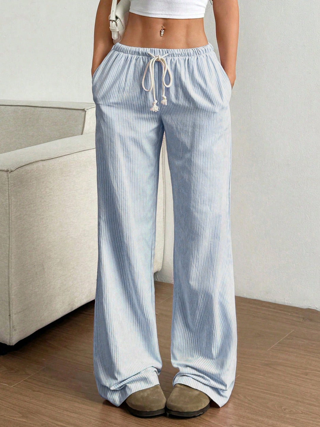Ladies Wide Leisure Pants with Drawstring, Elastic Waistband and Fine Stripe Texture Amarae