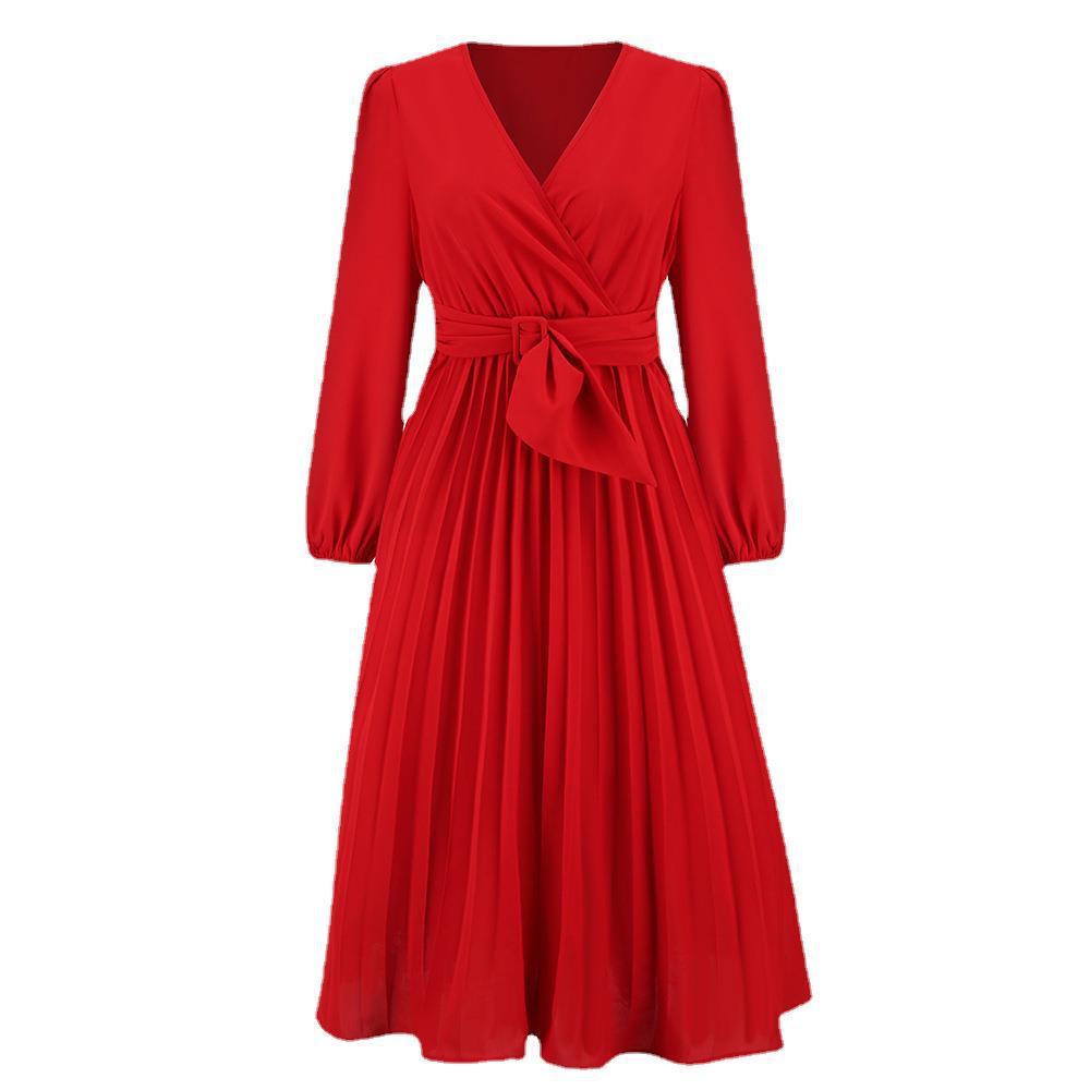 Ladies Elegant Wrap Dress with Pleats and Chic Belt Detail and Style