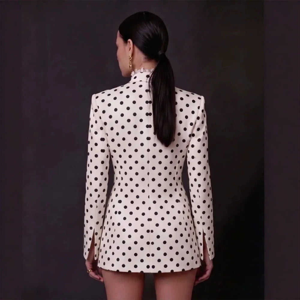 Women's Polka Dot Blazer Dress with Fringed Hem and Detachable Decorative Brooch Amarae