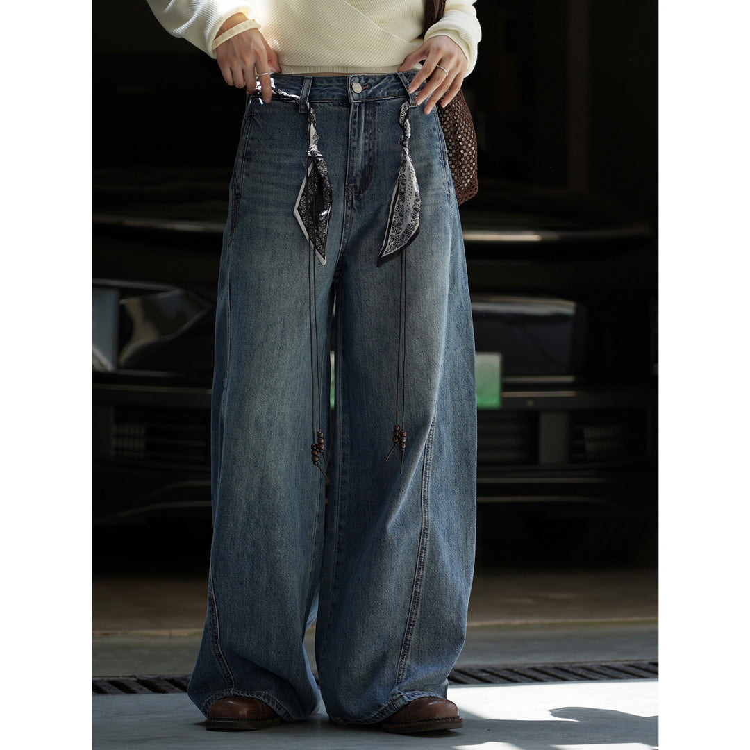 Women's Wide High-Waist Denim Baggy Pants with Bandana Lacing and Pearl Straps Amarae