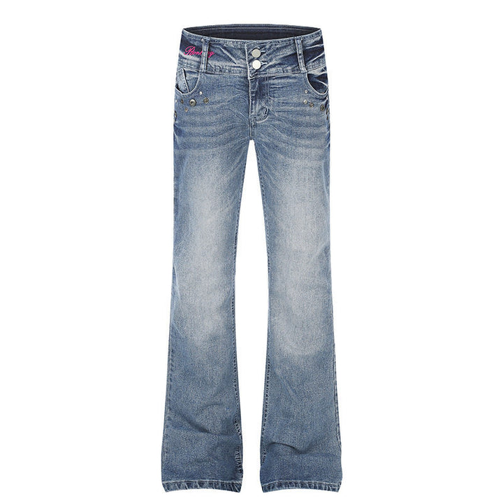 Women's High-Waist Flared Jeans with Wide Leg, Double Button and Stud Detail Amarae