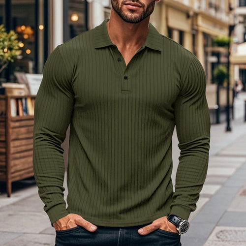Men's Long Sleeve Henley Shirt with Fine Stripes and Fashionable Button Closure Amarae
