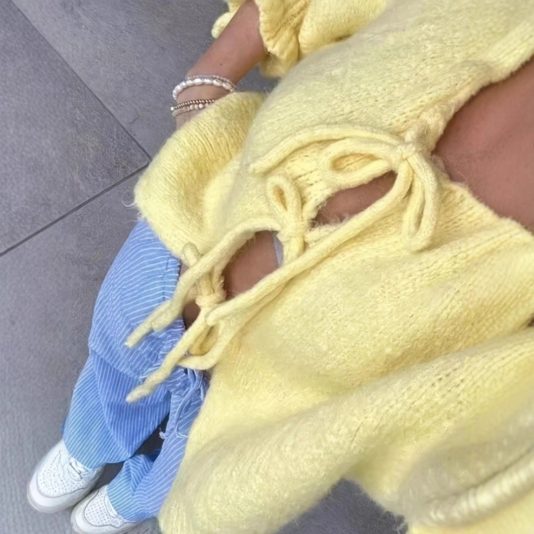 Women's Cozy Short Knit Cardigan with Tie Details, Ruffle Sleeves, and Loose Oversized Cut Amarae
