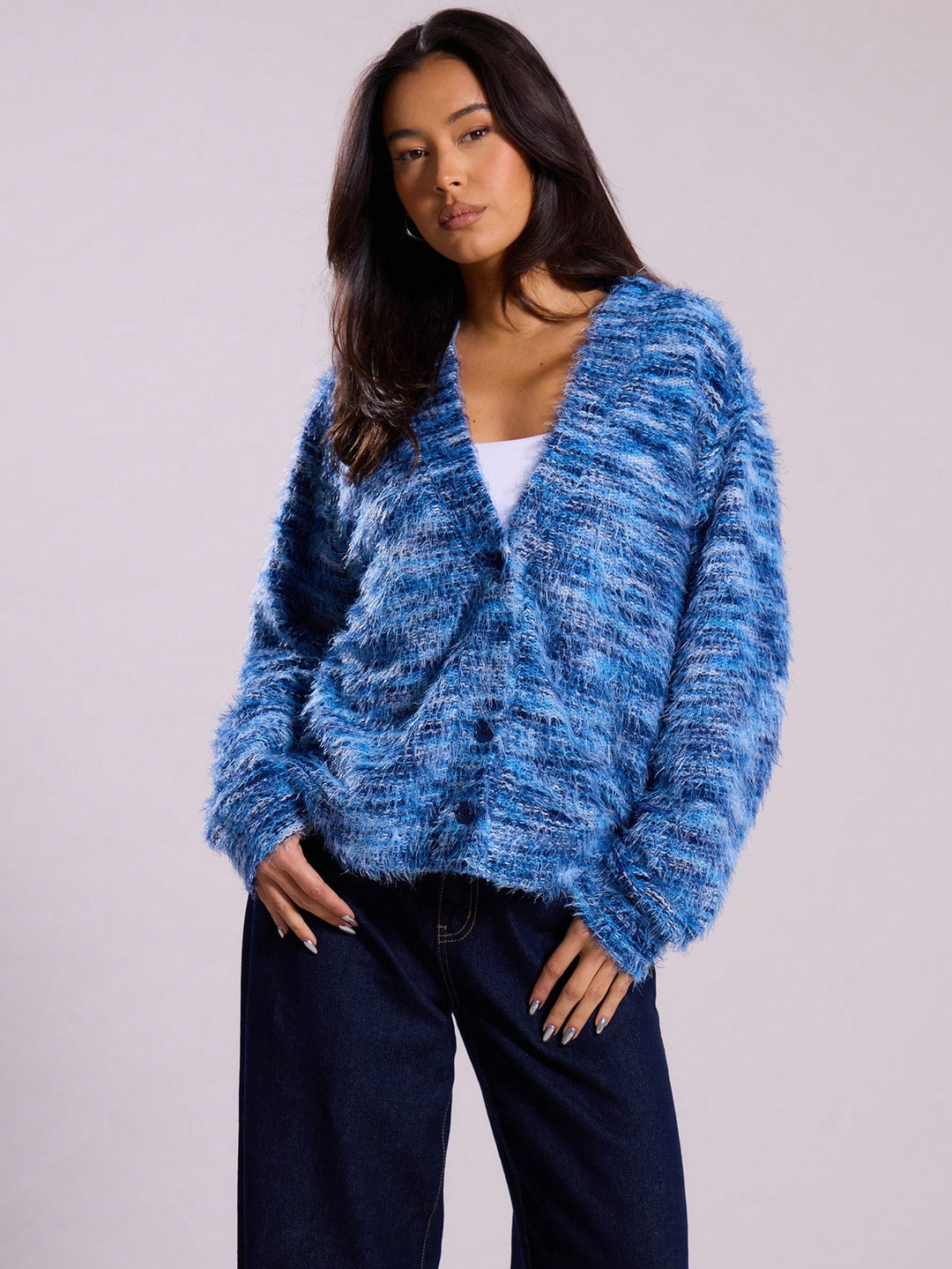 Women's Fluffy Chunky Knit Cardigan with V-Neck Amarae