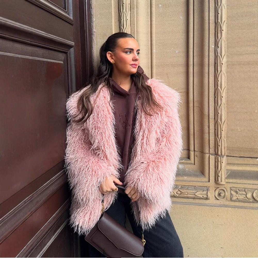 Women’s Short Cut Oversized Faux Fur Coat with Voluminous Shawl Collar and Curly Texture Amarae