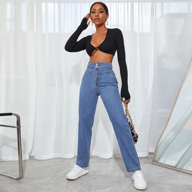 Women's high-waisted straight-cut jeans with V-shaped waistband and wide leg Amarae
