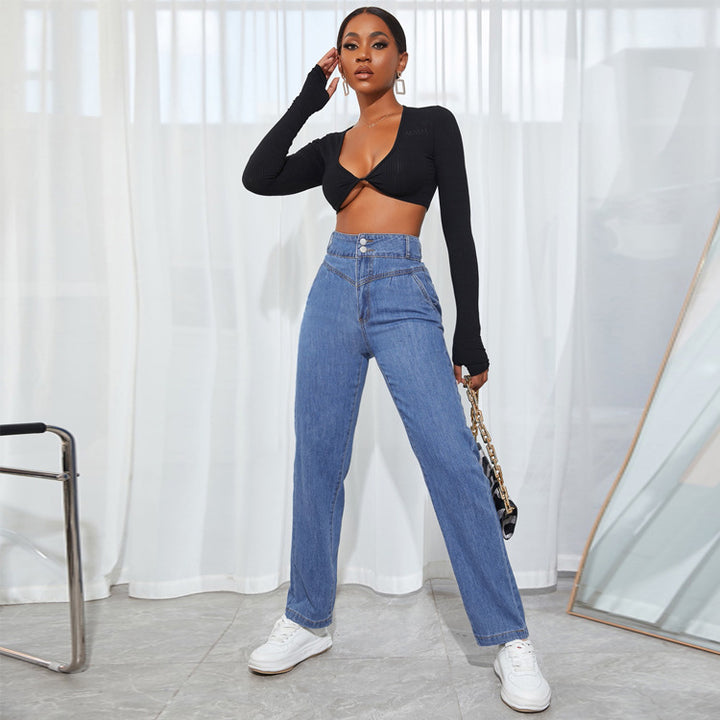 Women's high-waisted straight-cut jeans with V-shaped waistband and wide leg Amarae