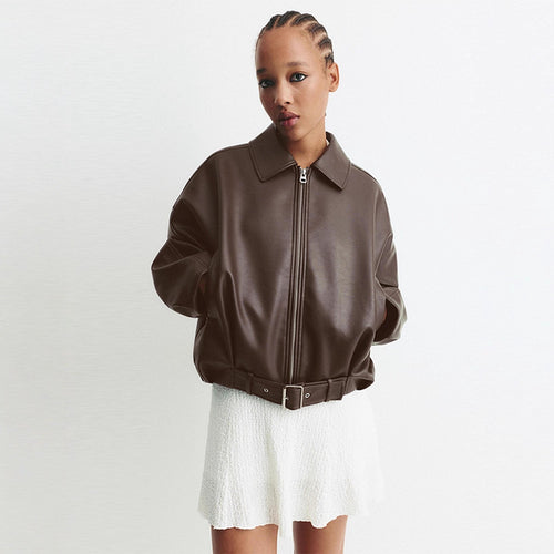 Fashion faux leather jacket for women with a loose fit and a waist belt Amarae
