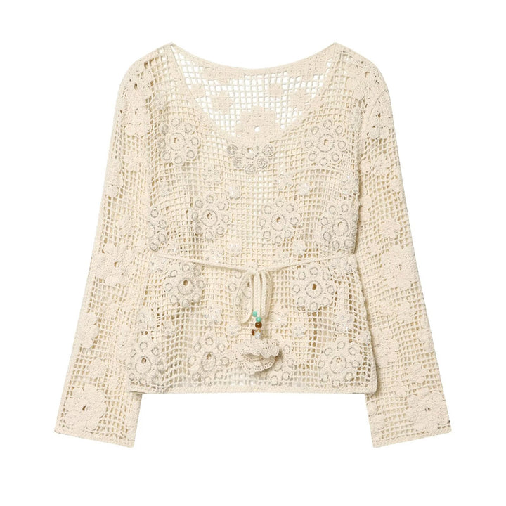 Women's crochet sweater with flower appliqués and drawstring Amarae