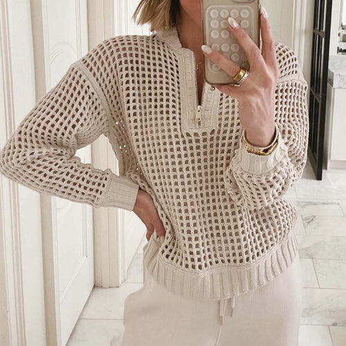 Casual knitted sweater for women with zipper and airy mesh structure Amarae