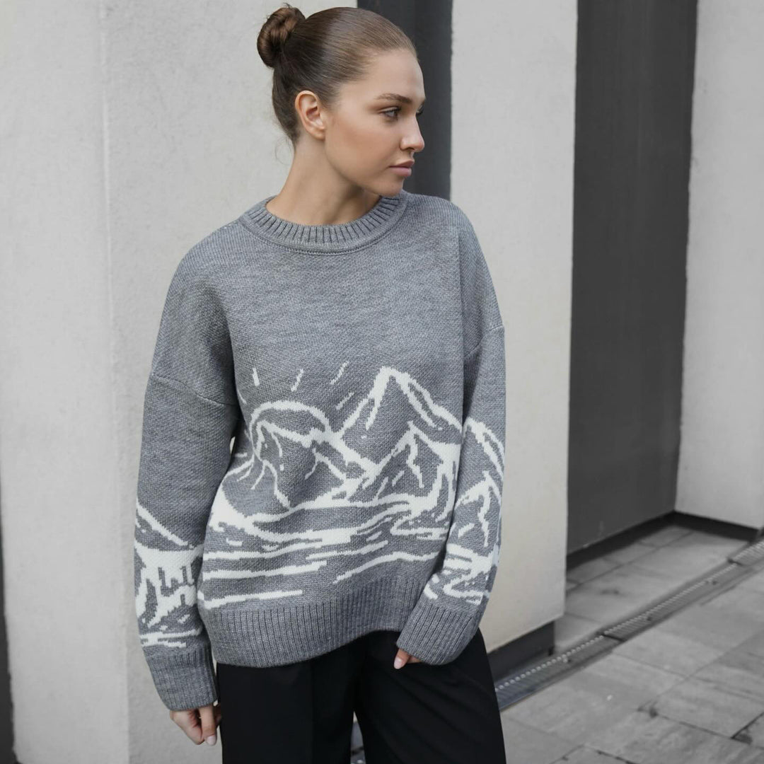 Thick knit sweater for women with artistic landscape design Lune London